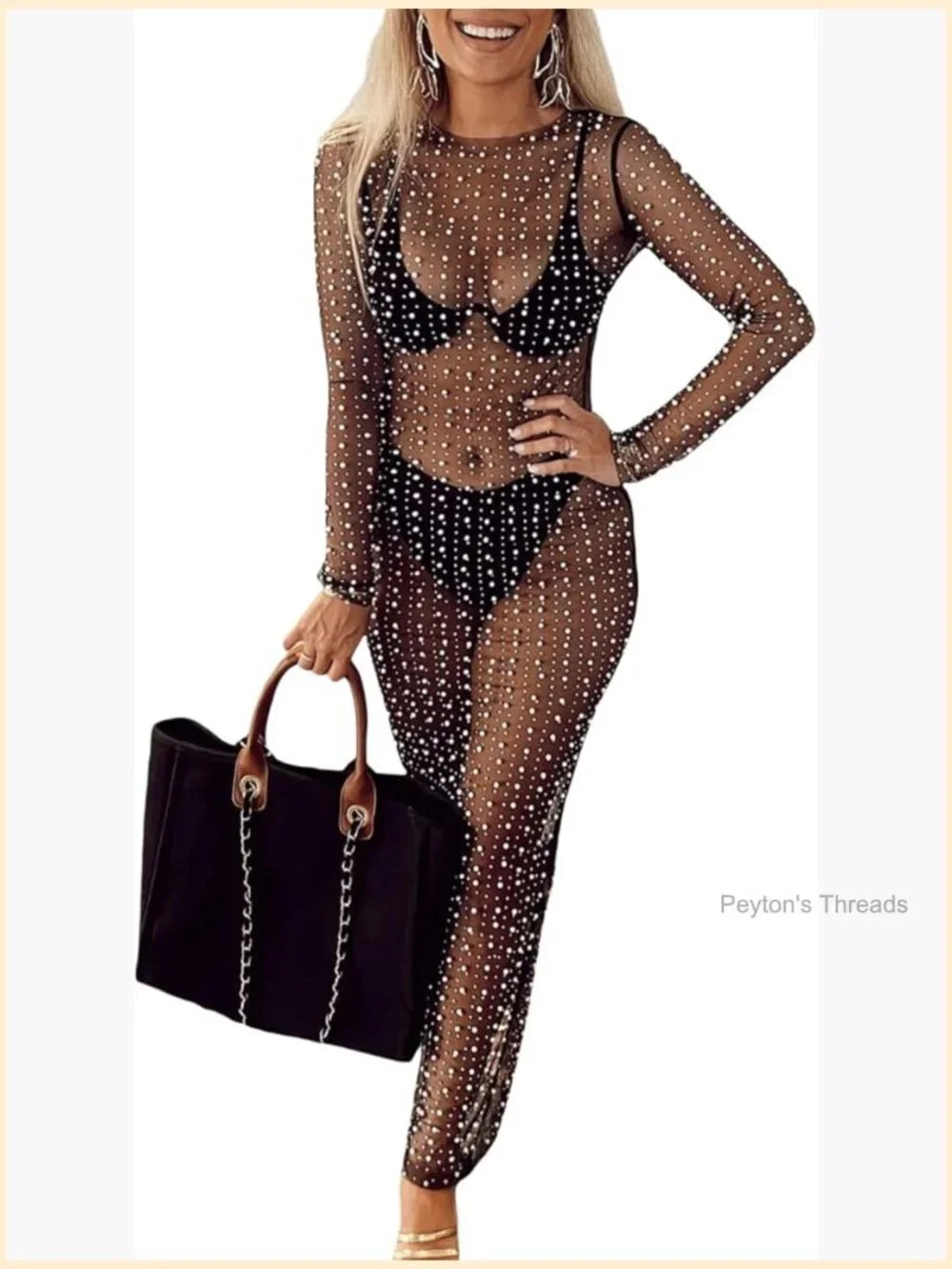 Rhinestone Mesh Pearl Sheer See Through Side Slit Midi Dress Beach Cover Up